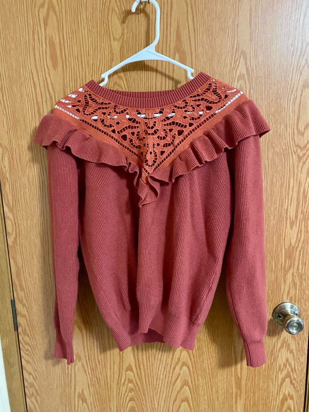 Ribbed Knit Sweater with Crochet Lace Bib Collar and Ruffle Trim Size S